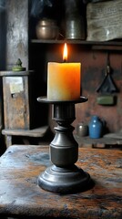 Lit candle on a stand with a blurred background