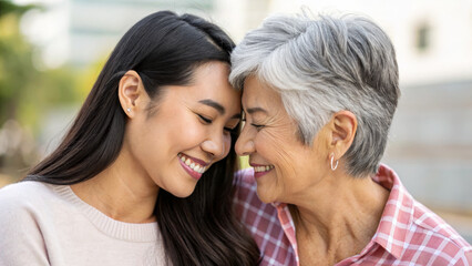 Naklejka premium warm and intimate moment between young woman and older woman, showcasing love and connection in serene outdoor setting