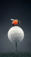 Bee pollinating globe thistle for dark studio.