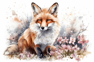 Obraz premium fox among flowering spring branches., watercolor painting , Generative AI