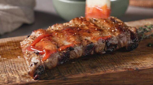freshly roasted pork ribs on rustic wooden cutting board