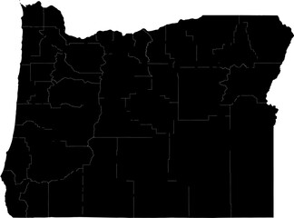 A black and white outline map of Oregon featuring all county borders and state lines.