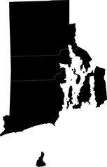 A black and white outline map of Rhode Island displaying county boundaries and state regions.