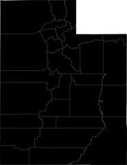 A black and white outline map of Utah featuring state lines and county divisions.