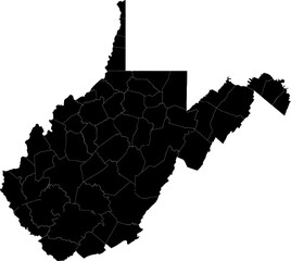 A black and white outline map of West Virginia highlighting county divisions and state borders.