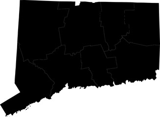 A black and white outline map of Connecticut showing all county divisions with clear boundary lines.