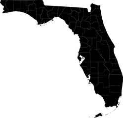 A black and white outline map of Florida displaying all county divisions with fine boundary lines.