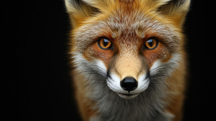 Fototapeta premium A captivating close-up portrait of a young fox, its amber eyes reflecting curiosity, fur illuminated by soft studio lighting