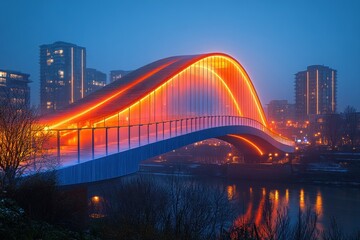 Obraz premium Illuminated pedestrian bridge over river at twilight, city backdrop