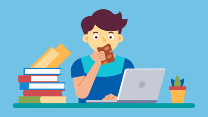 A student munches on a protein bar while typing away at their laptop surrounded by piles of textbooks and study guides.. Vector illustration