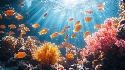 Obraz premium Underwater coral reef teeming with orange fish, sunlight beams through water. Possible use nature, travel, tourism, or education