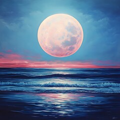 Pink Full Moon over Tranquil Ocean at Sunset