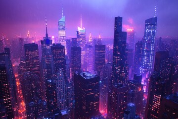 Obraz premium NYC Skyline at Night, Colorful Cityscape, Aerial View, Stormy Weather