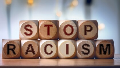 Conceptual Wooden Blocks Displaying No Racism Message Against Blue Background. Ai Generated