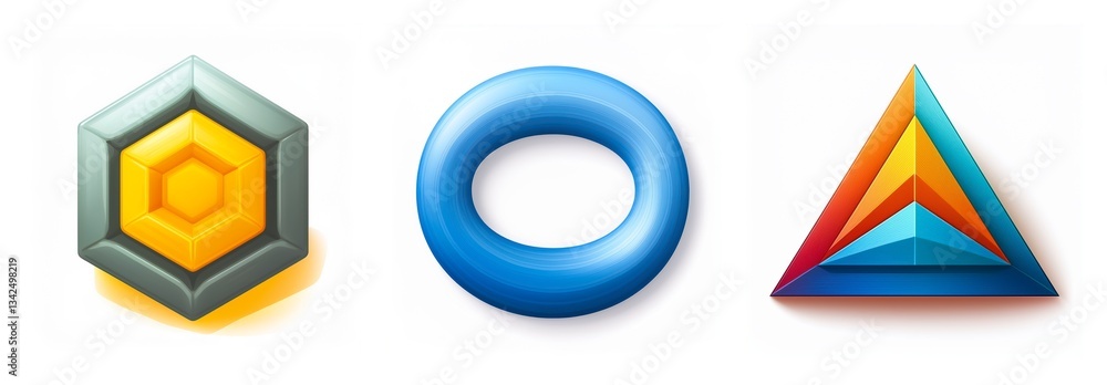 Poster glossy geometric shapes include a layered hexagon, a blue circle, and a colorful triangle, all isola