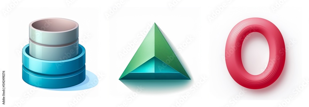 Poster three glossy shapes in different colors are isolated on a white background. a cylinder, a pyramid, a