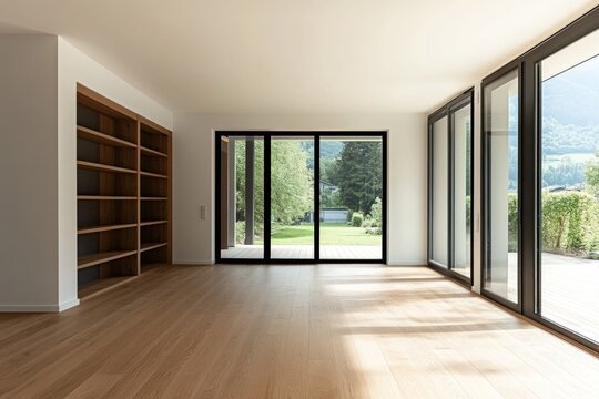 Fototapeta A modern interior space displaying large windows and a bookshelf