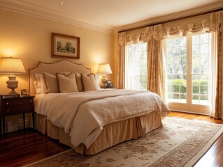 A well lit bedroom interior with a large bed and windows