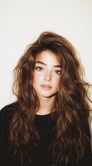 Naklejka premium Young woman with long wavy brown hair and bangs wearing black top