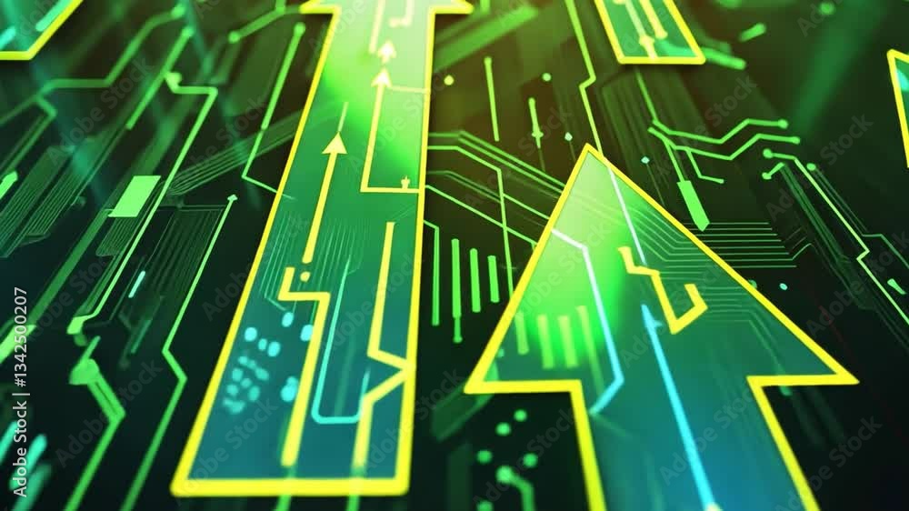 Aufkleber digital illustration of glowing green and yellow arrows on circuit board symbolizing upward growth a