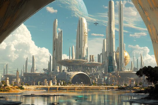 Futuristic alien city with lush greenery, advanced architecture, and massive ring structures. A harmonious blend of nature and technology in a hyperrealistic sci-fi world with high-tech infrastructure