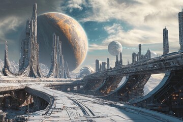 Futuristic alien city with advanced infrastructure, towering skyscrapers, and multi-level highways. Distant planets in the background create an otherworldly, hyperrealistic sci-fi landscape.