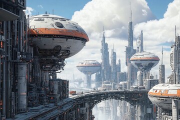 Futuristic alien city with lush greenery, advanced architecture, and massive ring structures. A harmonious blend of nature and technology in a hyperrealistic sci-fi world with high-tech infrastructure