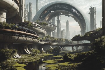 Futuristic alien city with lush greenery, advanced architecture, and massive ring structures. A harmonious blend of nature and technology in a hyperrealistic sci-fi world with high-tech infrastructure