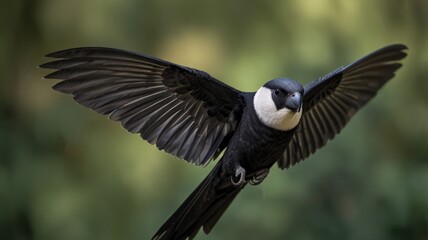 Obraz premium Black and white bird in flight. Detailed view of bird's wings and body