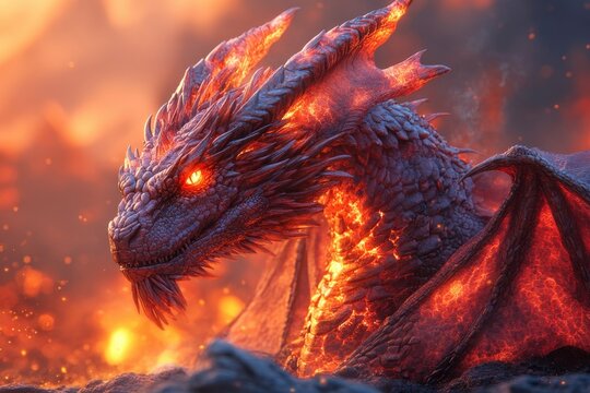 Majestic Dragon With Glowing Red Scales and Fierce Horns Rests in a Fiery Landscape at Dusk, Embodying the Power and Mystery of Mythical Creatures