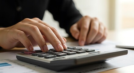 Close-Up of woman’s hand using calculator for home finance management