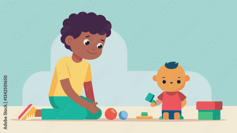 Poster a child learning to pause and think before grabbing a toy from another child.. vector illustration
