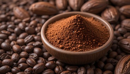 Rich, dark coffee powder nestled amongst roasted beans, a tempting aroma of freshly ground coffee in warm earthy tones.