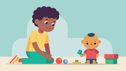A child learning to pause and think before grabbing a toy from another child.. Vector illustration