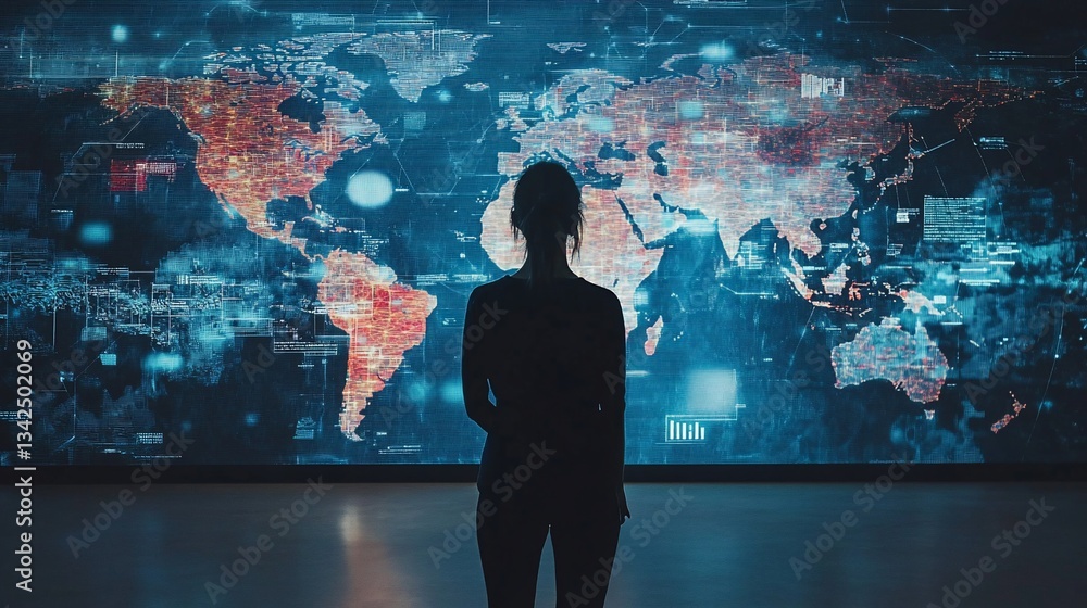 Poster woman contemplating global data visualization on large screen display