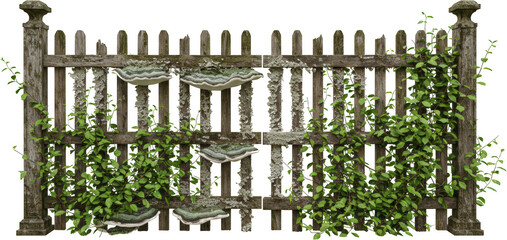 Overgrown Wooden Fence with Lichen and Green Vines Rustic Garden Background Image