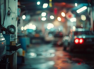 Blurred background of an auto repair shop with cars on lifts and mechanics working in the garage, a car service concept. Copy space available. High quality image.