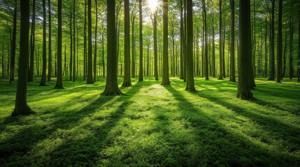 Obraz premium Lush Green Forest with Tall Trees, Sunlight Filtering Through Leaves, and Grass-Covered Soil Creating a Serene Natural Landscape