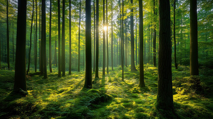 Fototapeta premium Lush Green Forest with Tall Trees, Sunlight Filtering Through Leaves, and Grass-Covered Soil Creating a Serene Natural Landscape