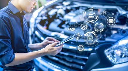 Mechanic using tablet, car repair