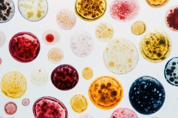 Colorful abstract microorganism patterns on a white background showcasing various shapes and colors, perfect for scientific or health related projects
