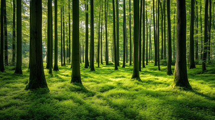 Obraz premium Lush Green Forest with Tall Trees, Sunlight Filtering Through Leaves, and Grass-Covered Soil Creating a Serene Natural Landscape