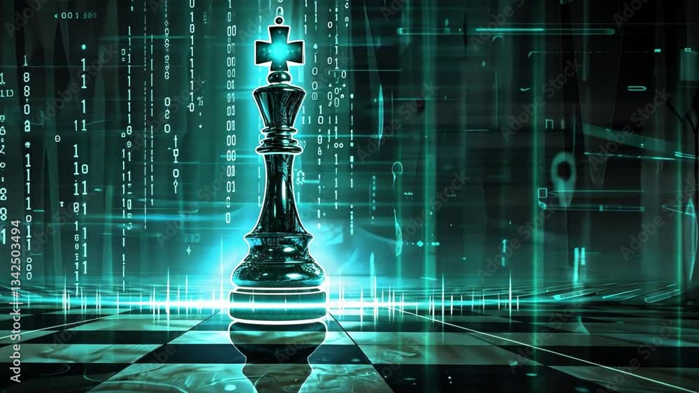 Poster glowing chess king on digital chessboard futuristic matrix of binary code and neon lights, illuminat