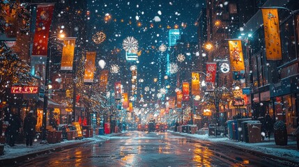 Obraz premium Snowy Night in a Festive City Street