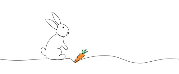 Continuous one line drawing of standing rabbit with carrot. Easter Bunny. Vector Illustration.