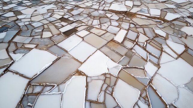 Aerial view of salt flats with frost.
