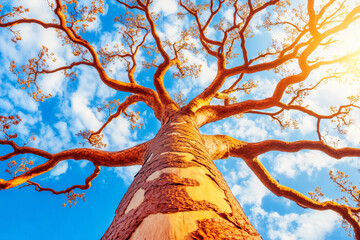 Majestic Tree Stretching Towards the Blue Sky with Sunlight Highlighting Its Unique Foliage