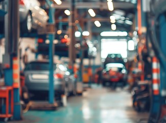 Obraz premium Blurred background of an auto repair shop with cars on lifts and mechanics working in the garage, a car service concept. Copy space available. High quality image.