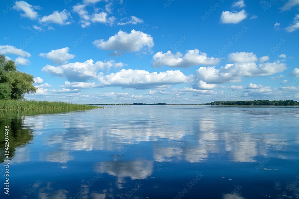 Poster beautiful still river under a clear blue sky reflecting clouds and surrounding greenery : generative