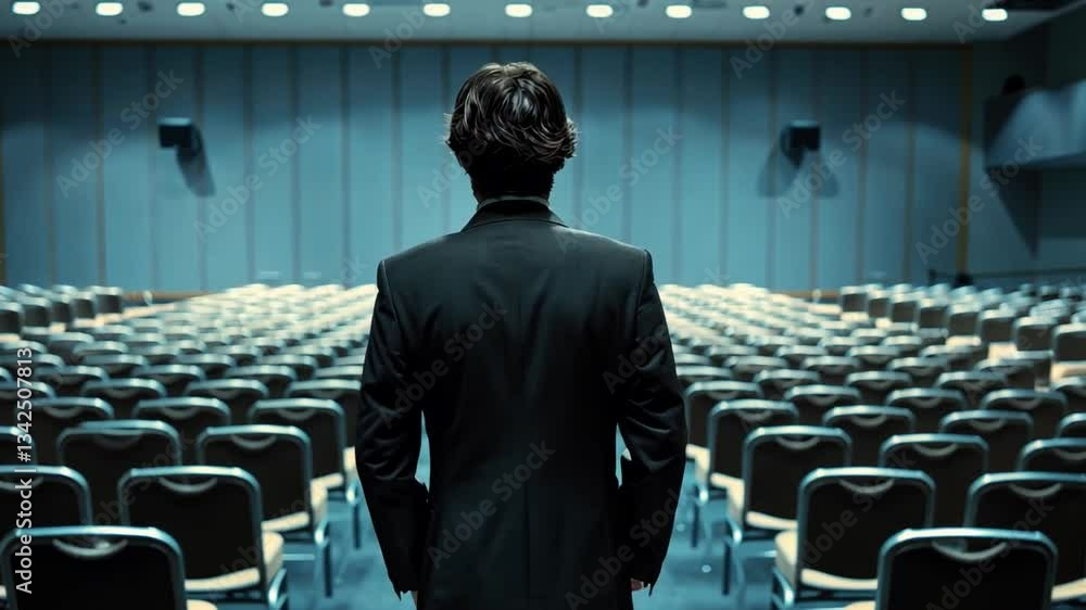 Aufkleber man in suit stands confidently in empty auditorium facing rows of chairs, suggesting anticipation an
